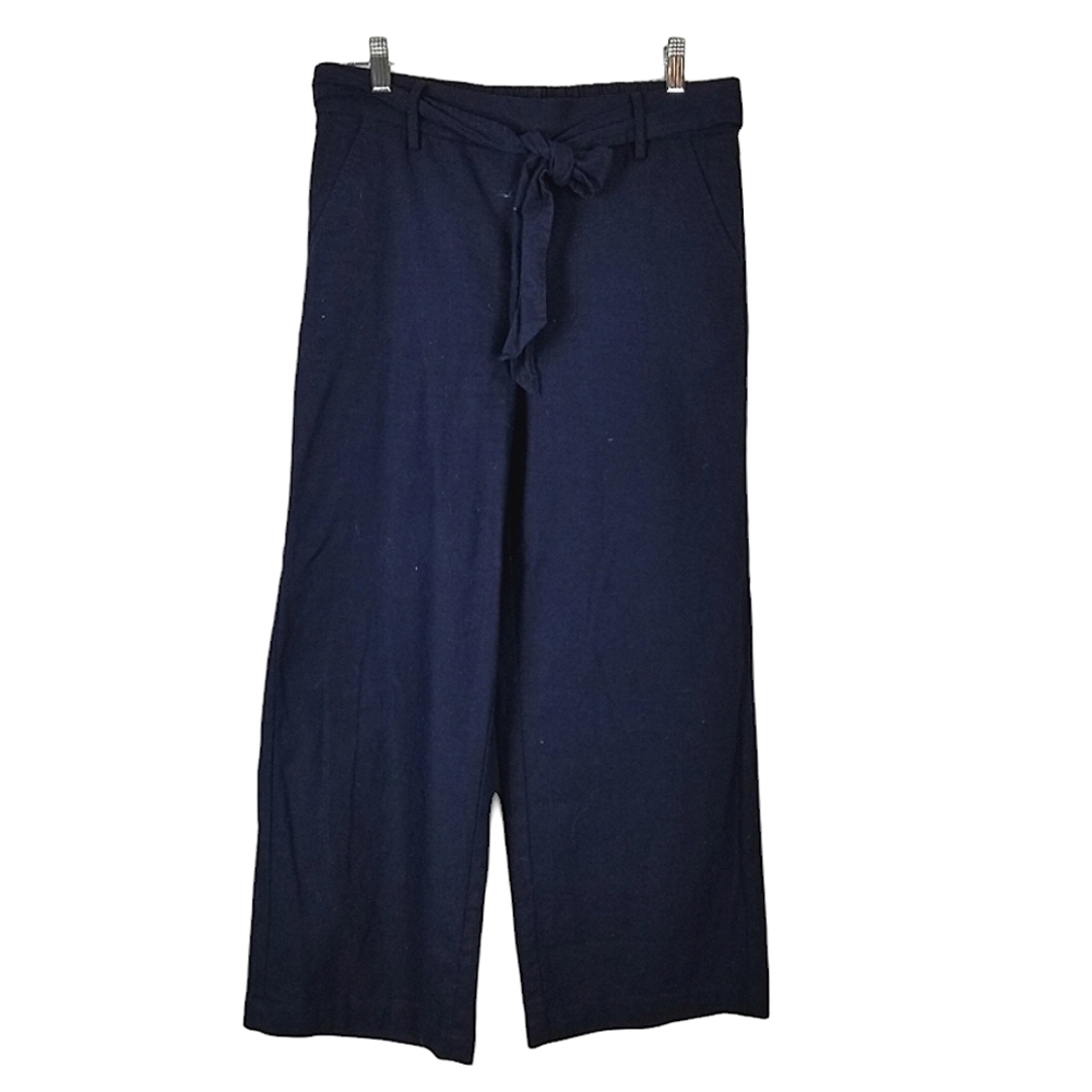 J Crew Factory Linen Cotton Wide Leg Pull On Pants Blue Tie Belt Sz 6 Inseam 24"